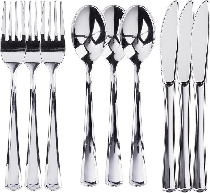 300 Plastic Silverware Set, Silver Plastic Cutlery Set, Disposable Silverware Set | 100 Plastic Forks, 100 Plastic Spoons, 100 Plastic Knives | Heavy Duty Bulk Disposable Flatware Plastic Utensils Set
