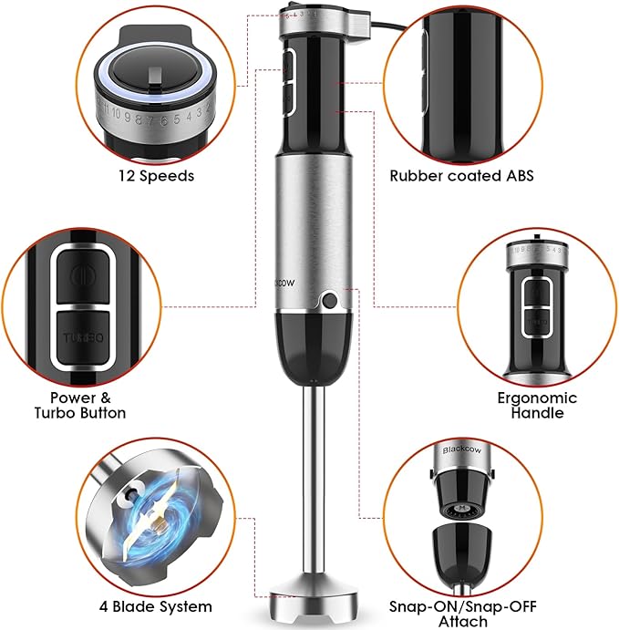 Immersion Blender Handheld for Kitchen,Emulsion Blender Handheld with Titanium Blades,12 Speed Electric Hand Mixer with BPA Free Attachments:Chopper Bowl,Whisk,Milk Frother,Measuring Cup