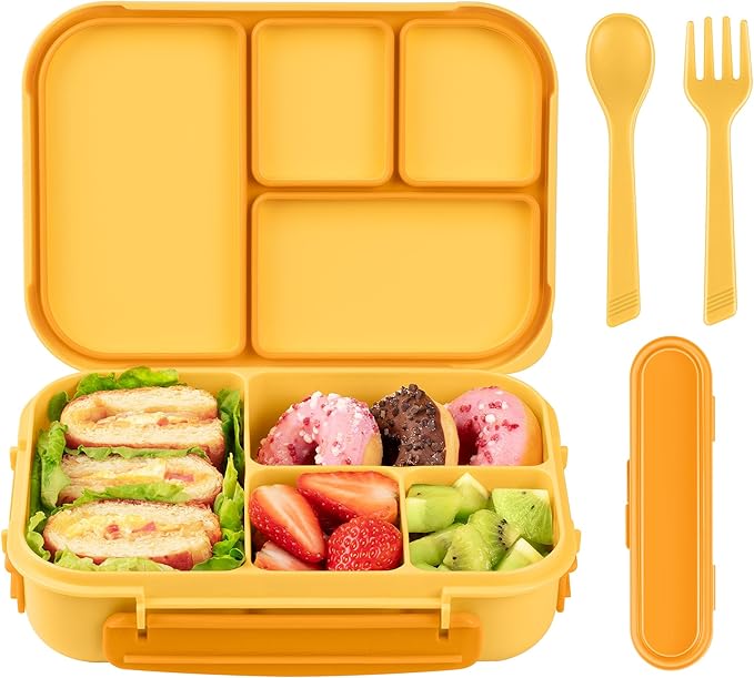 Amathley Lunch Box Kids,Bento Box Adult,Leakproof Lunch Containers for Adults/Kids/Toddler,1200ML-4 Compartments bento Lunch box with Utensil,Microwave & Dishwasher & Freezer Safe (Yellow)