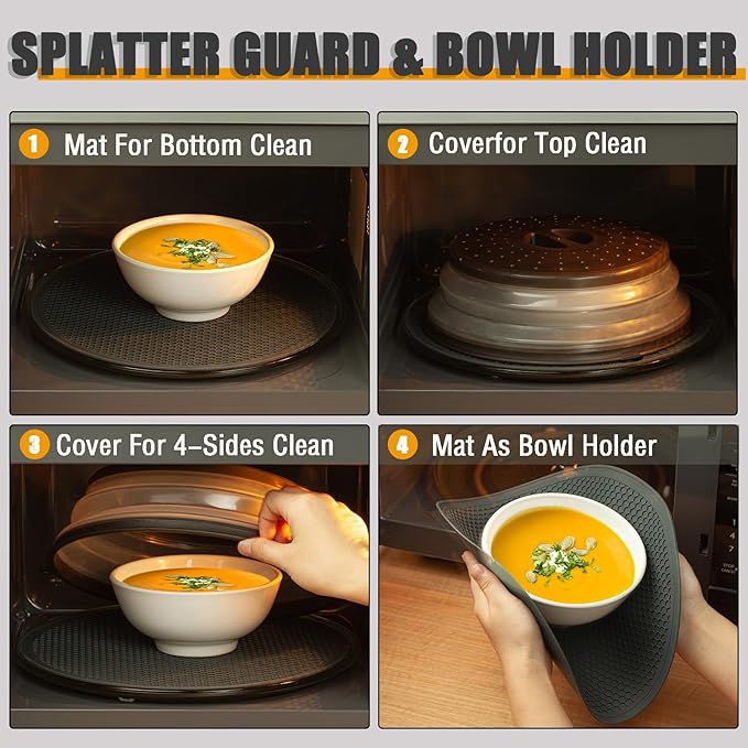 Microwave Splatter Cover & Silicone Mat – Collapsible, Vented, Reusable Food Guard and Plate Cover with Heat-Resistant Trivet for Pots, Pans, and Kitchen Counter, Black