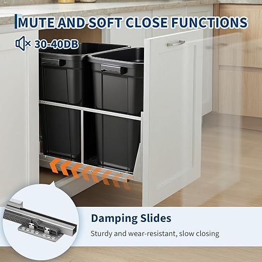 2 x 10 Gal Pull Out Trash Can Under Cabinet, Under Sink Garbage Bin Kit with Soft-Close Slides, Recycling and Waste Combo for Kitchen, Laundry | Requires Minimum Cabinet Opening 18" W x 24" D