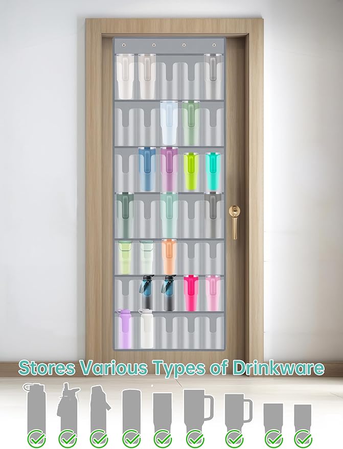 NiHome 35 Pockets Door Hanging Organizer for Large Stanley 30oz 40oz Tumblers with Handles, Deep Clear Pockets with Handle Slots, Waterproof Oxford Fabric for Kitchen, Cabinet, Pantry, Closet (Gray)