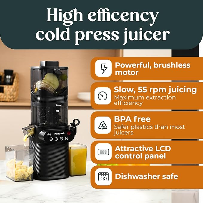 Pantrymade Juicer Machines, Cold Press Juicer for Whole Fruits and Vegetables, Slow Masticating for High Juice Yield, 5.5" Large Feed Chute, Easy to Clean, BPA Free, Powerful Brushless Motor, Black