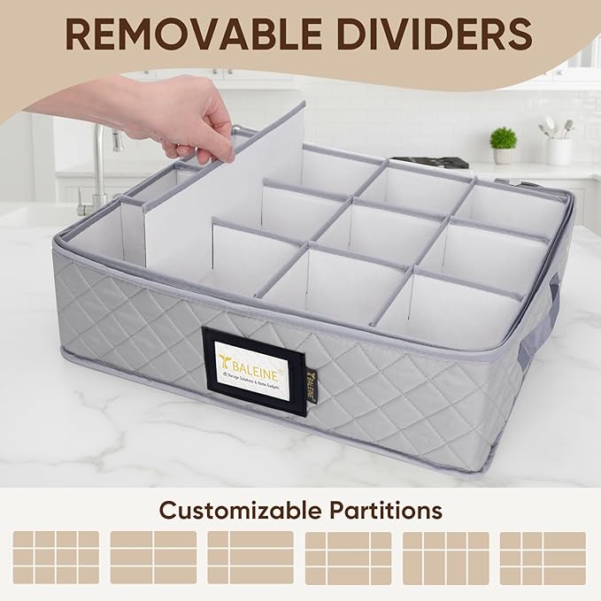 BALEINE China Storage Containers, Sturdy Quilted Wine Glass Storage, Plate Organizer with Carry Handles, Moving Boxes for Dishes, Cups, Mugs and Stemware (Mug Storage, Soft Shell Grey)