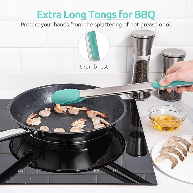 Heat Resistant Silicone Kitchen Tong: U-Taste 16 inch Extra Long Large 480ºF Hot Proof Cooking Tong with Sturdy Non Stick Rubber Tips & Non Slip Silicon Coated Steel Handle for Grilling BBQ (Aqua Sky)