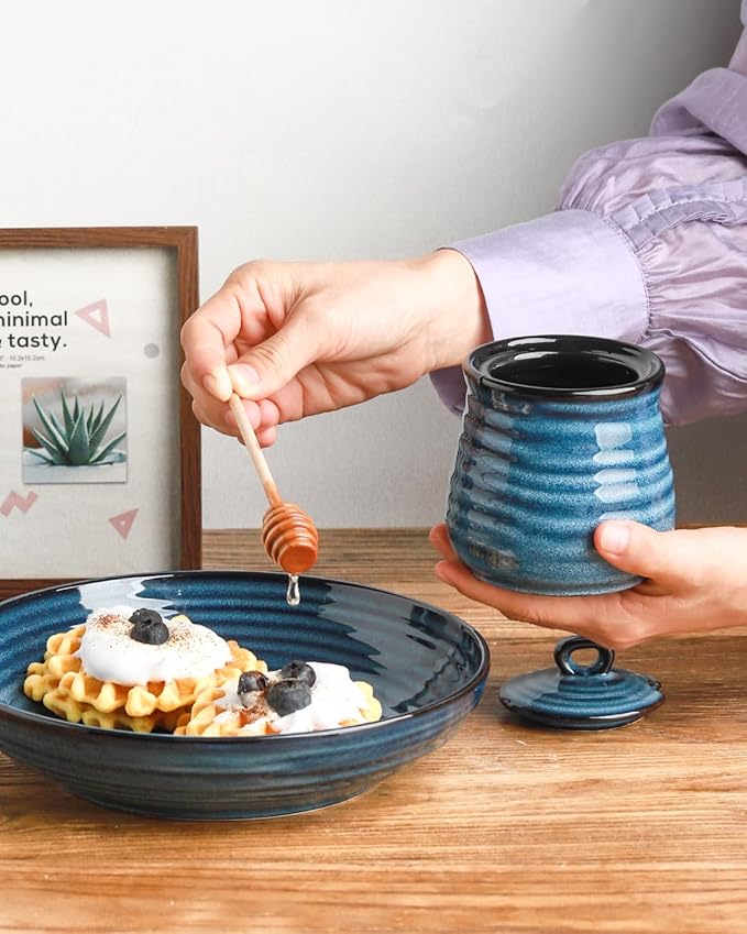Ceramic Honey Pot with Lid and Honey Dipper, 12 oz Honey Jar and Wooden Dipper, Pottery Honey Container for Home, Cute Honey Dish, Dishwasher Safe, Blue