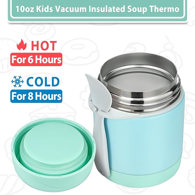10oz Soup Thermo for Hot Food Kids,Lunch Thermo Kids Food Jar with Spoon Hot Insulated Food Containers,Leak Proof Stainless Steel Wide Mouth Lunch Thermo Jar for School(Mint-Green)