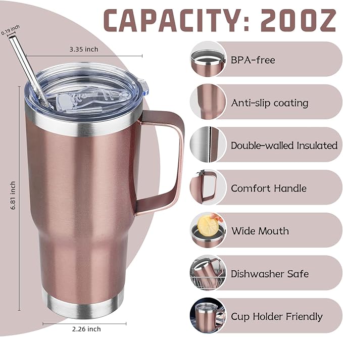 20 oz Tumbler with Handle Stainless Steel Insulated Coffee Tumbler with Lid and Straw Double Wall Vacuum Insulated Coffee Mug Leak Proof Travel Mug Tumbler for Hot and Cold Drink (Rose Gold,4pack)
