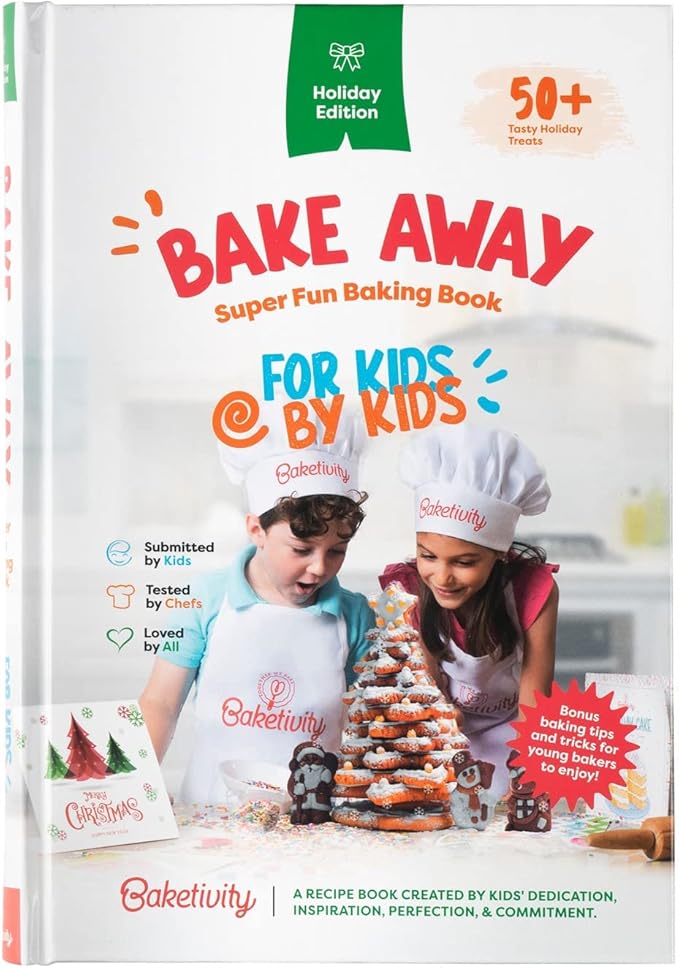 Baketivity 31 Pcs Kids Baking Set and Bake Away Kids Baking Cookbook Bundle | Kids Safe Nylon Knife and Real Baking Utensils Set | Best Little Baker Baking Book with Pictures and Cooking Tools Gift
