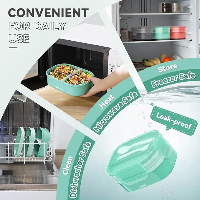 2 Layers Bento Box, All-in-One Stackable Lunch Container with Compartments, 64oz Leakproof Microwave Safe Dishwasher Safe Bento Box with Lunch Bag and Utensil Set for Kids and Adults