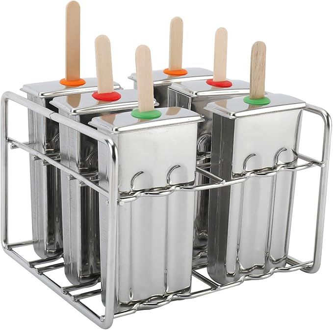 6 Sets Stainless Steel Popsicle Molds Rack and Accessories, Rust-Resistant Popsicle Maker, 6pcs Leak-Proof Silicone Seals, 50pcs Wooden Sticks and Bonus Cleaning Brush