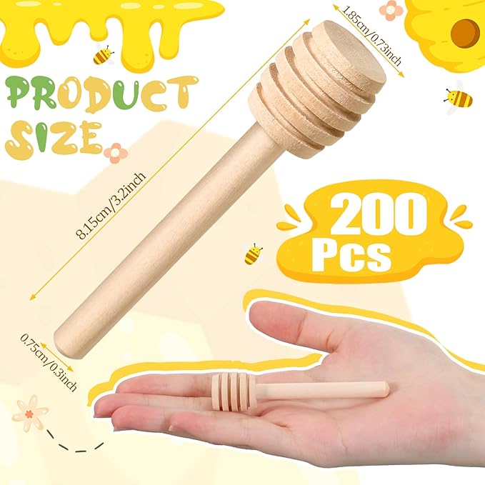 SHENLIU 200 Pack Honey Dipper Sticks, 3 inch Mini Wooden Honey Stick Mini Honeycomb Sticks, Honey Dipper Honey Stirrers for Tea Honey Jar Dispense Drizzle Honey and Wedding Party Favors Gift