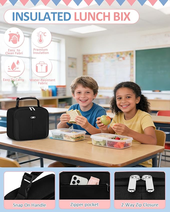 Capolo Insulated Lunch Box for Kids, Cute Thermal Lunch Bag for School, Reusable Lunch Tote for Boys and Girls, Durable Cooler Bag with Easy Grab Handle, Lightweight and Easy to Clean Meal Bag, black