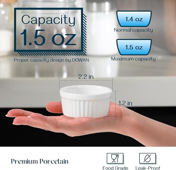 DOWAN Dipping Bowls 1.5 oz, Sauce Cups Mini Ramekins, Tiny Ramekin Porcelain Souffle Dish, Dessert Cups Small Bowls Condiment Cups for Charcuterie Board, Microwave & Oven Safe, Set of 6, Soft White