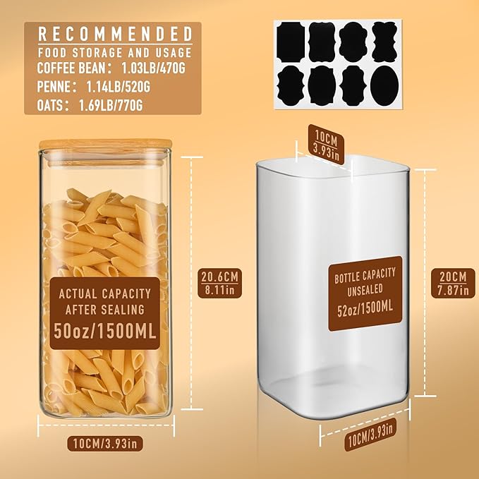 D2scrma 52oz Airtight Glass Square Storage Canister with Bamboo Lid Set of 3 (1550ml) Container Stackable Spice Jar, Kitchen Canister for Flour, Cookies, Cereal and Coffee beans (‎with Black Lable)