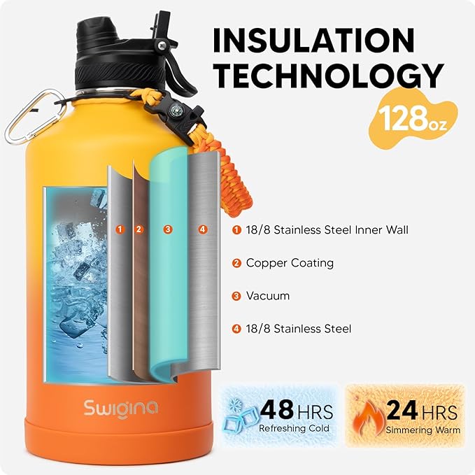 Swigina [2-IN-1 LID] Gallon Insulated Water Bottle with Silicone Boot (48hrs Cold/24hrs Hot) - DIY Stickers, Leakproof, BPA Free, 128 oz