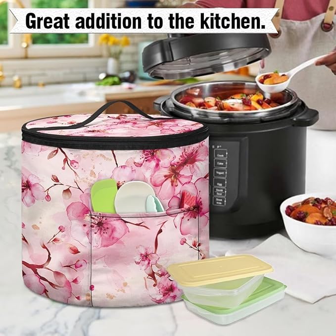 Cherry Blossom Electric Pressure Cooker for Picnic Pink Butterfly Insulation Bag Hand Washable Pressure Cooker Storage Bag Protective Hood with Pocket, Fork Pickled Cucumber