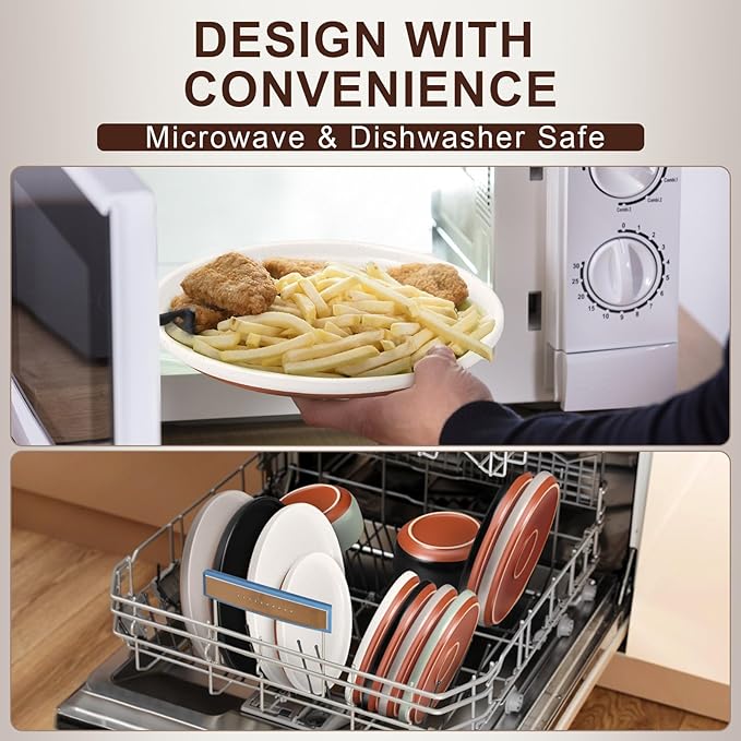 E-far 12-Piece Stoneware Dinnerware Sets, Plates and Bowls Sets for 4, Ceramic Dishware Dishes Set with Terracotta Base, Chip & Scratch Resistant, Microwave & Dishwasher Safe, Speckled White