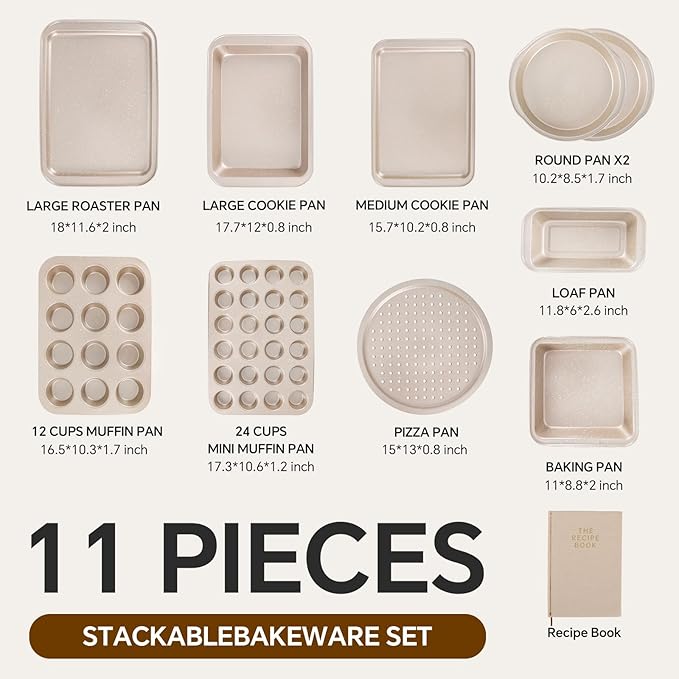 11 Piece Baking Set | Nonstick & Non Toxic Bakeware Sets Baking Pans Set | Carbon Steel Baking Supplies Include Notebook, Cookie Sheets, Roasting Pan, Muffin Pan, Cake Pan, Pizza Pan, Loaf Pan