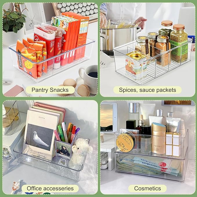 Snack Organizer for Pantry Shelf, 8 Pack Clear Plastic Pantry Storage Bins with 3 Dividers for Snacks, Spices, Chips Food Organizer, Stackable Pantry Organizers for Kitchen, Fridge, Cabinet