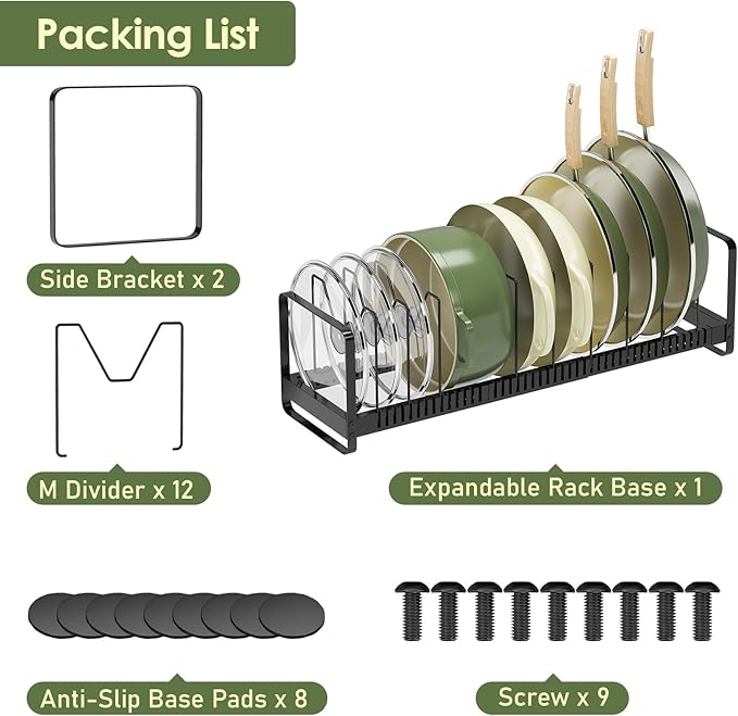 MUDEELA Pot Rack Pan Organizer inside Cabinet - Expandable Pot Lid Organizer for Cabinet with 12 Adjustable Dividers, Cutting Board Organizer Holder Baking Rack Kitchen Cabinet Storage Organization