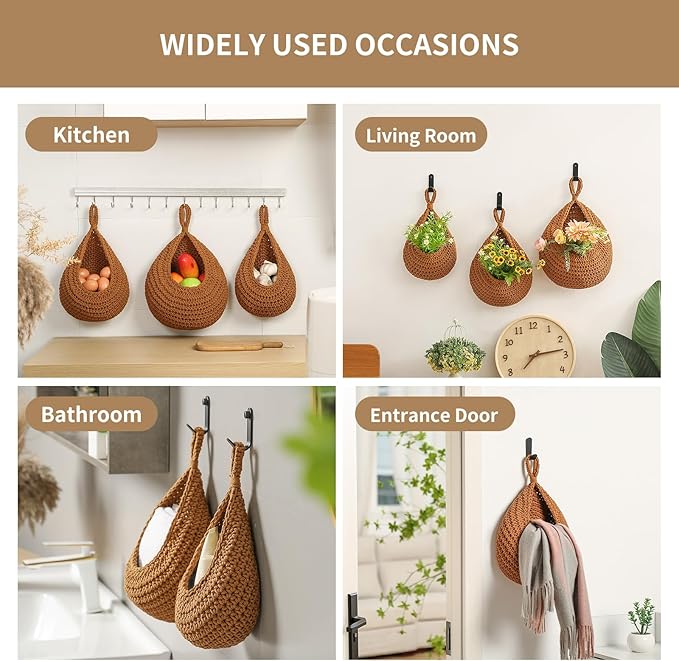 Boho Wall Hanging Fruit Baskets for Kitchen 3 Pack Woven Produce Holder with 6 Pcs Strong Hooks Vegetable Hanging Basket for Organizing Teardrop Home Wall Potato Onion Storage, Caramel