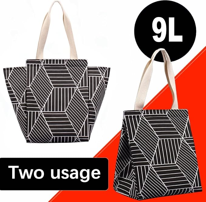 iknoe Insulated Lunch Bag for Women & Adults, 9L Foldable Wide-Open Cooler Bag with Pockets, Leakproof & Portable, for Picnic, Office, Beach, Black Rhombus