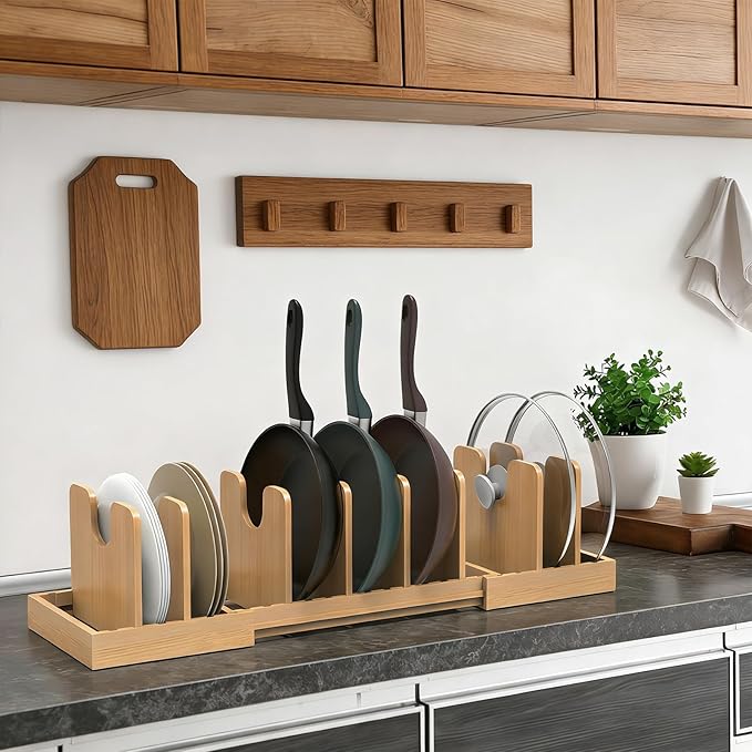 Expandable Pot Lid Organizer, Bamboo Pot and Pan Organizer for Under Cabinet, 16" to 28" Adjustable Length and 8pcs Dividers