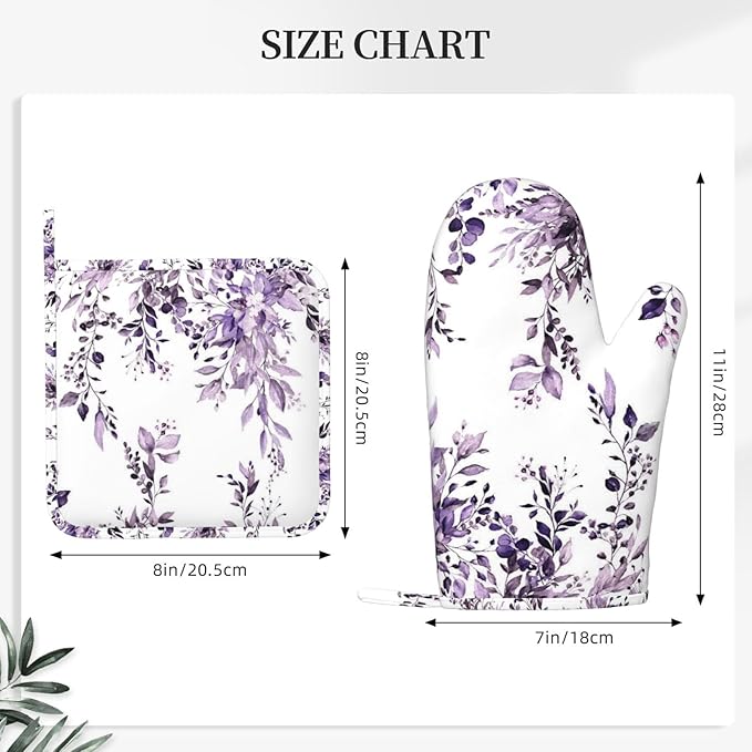 Purple Eucalyptus Oven Mitts and Pot Holders Set, 4pcs Silicone Watercolor Plant Leaves with Floral Oven Glove for Kitchen Heat Resistant Oven Mitts and Potholders Non-Slip for Cooking