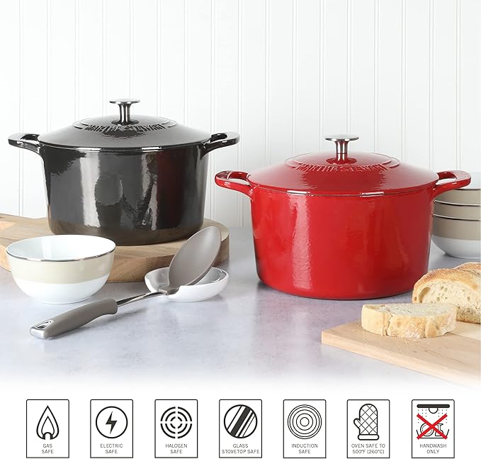 MARTHA STEWART Gatwick 7-Quart Enamel Cast Iron Dutch Oven Pot with Lid – Grey – Heavy-Duty Dutch Oven for Slow Cooking, Braising & Baking