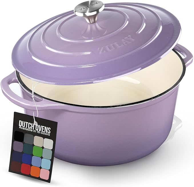 Zulay Kitchen 6 Quart Enameled Cast Iron Dutch Oven Pot with Lid – Premium Durability & Oven Safe up to 500°F – Heavy Duty Cookware Perfect for Bread Baking, Stews, Braising & Roasting - Lavender Jade