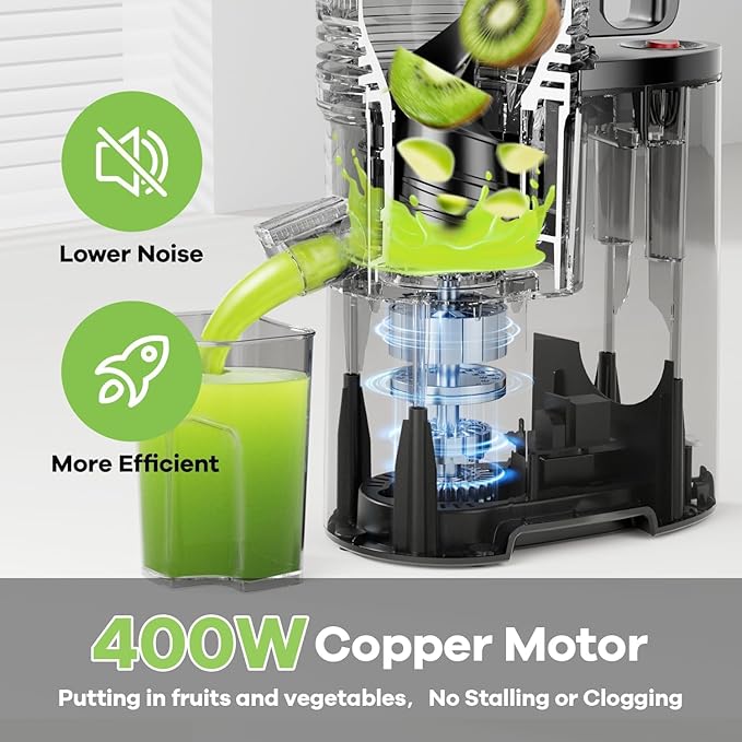EanOruus Cold Press Juicer, 5.8" Wide Feed Chute Juice Extractor Machine with 400W, High Juice Yield, Slow Masticating Juicer for Whole Vegetables & Fruits, Textured black