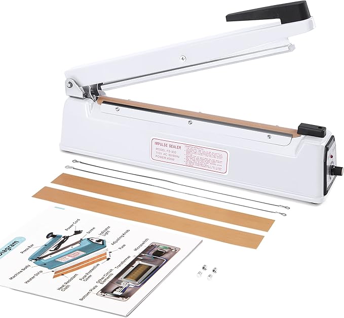 METRONIC Impulse Sealer 12 Inch, Heat Sealer Machine with Repair Kit, Manual Bag Sealer, Heavy Duty Impulse Heat Sealer for Plastic Bags, Shrink Wrap Bags (White)