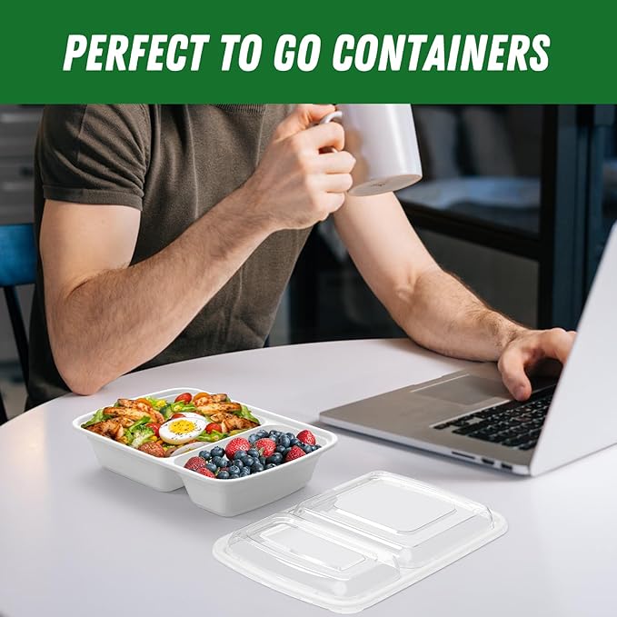 Dealusy 50 Pack (100-Piece) 28 oz Meal Prep Containers Reusable with Lids 2-Compartment, Sturdy Leakproof Food Safe, Microwave Freezer Dishwasher Safe, To Go Take Out Plastic Food Storage, Silver