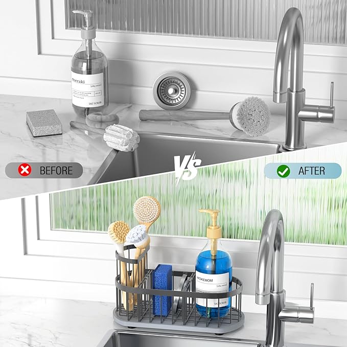 Sponge Holder for Kitchen Sink with High Brush Holder, [Stay-Dry Anywhere & No Drainage Needed] Rustproof Stainless Steel Kitchen Sink Caddy Organizer with Water Absorbing Stone Tray, Grey