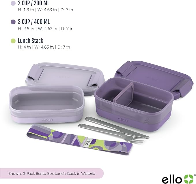 Ello 2-Pack Bento Box Lunch Stack Plastic Food Storage Container | Leak-Proof Locking Plastic Lids | Silicone Base | BPA-Free | Freezer Microwave and Dishwasher Safe | Wisteria