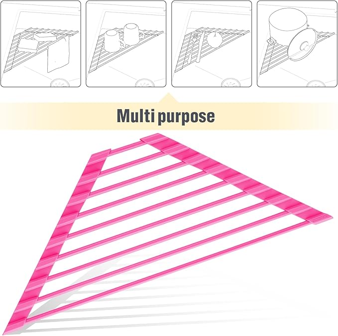 Tomorotec Compact Silicone-Coated Triangle Dish Drying Rack for Sink Corner - Foldable Stainless Steel Over-The-Sink Organizer and Storage Shelf (Hot Pink)
