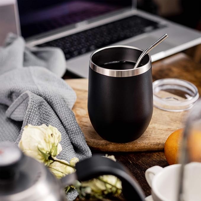 COMOOO 12oz Stainless Steel Wine Tumbler with Lid and Straw, Double Wall Vacuum Insulated Wine Tumbler Cup for Hot and Cold Drinks, Wine, Coffee, Champaign, Black, 4 Pack