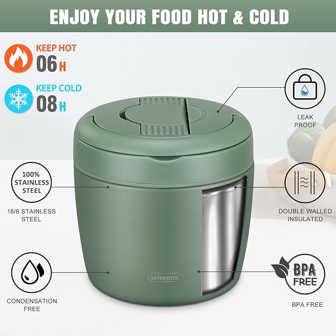 wiwens Thermo Food Jar for Hot Food Adults 32OZ Soup Thermo Lunch Containers Wide Mouth Vacuum Insulated Stainless Steel Leakproof Bento Box with Spoon (Green)