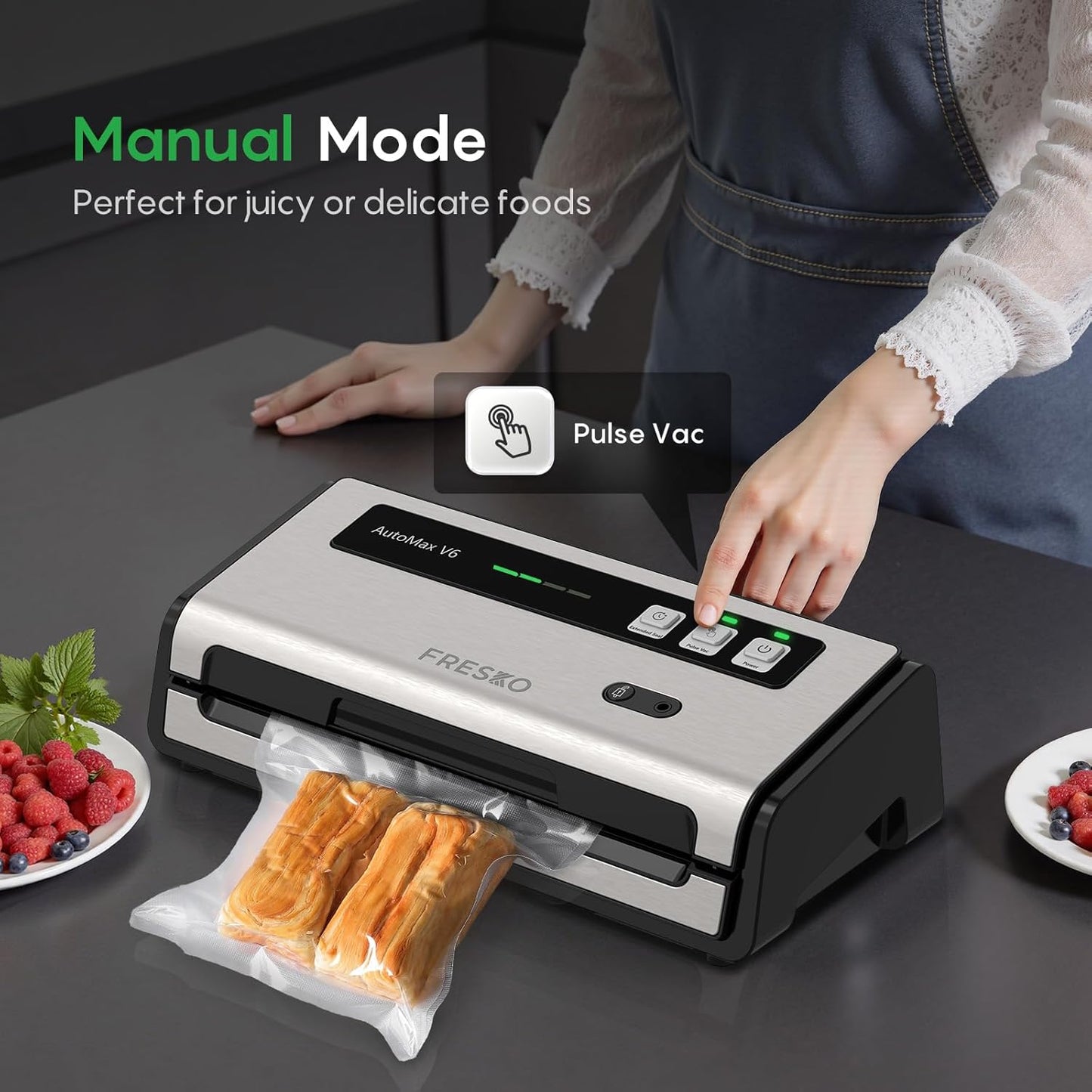 FRESKO Food Vacuum Sealer with Automatic Bag Detection, Double Heat Seal, Built-in Bag Roll Storage & Cutter, 2 Rolls Bags, Starter Kit