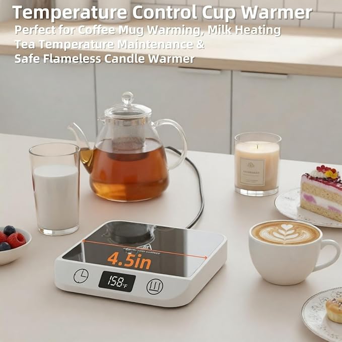 Coffee Mug Warmer & Candle Warmer 46W Electric Cup Warmer for Desk - Smart Digital Display 6 Heat Settings Timer Auto Shut-Off Work from Home Office Gift (White)