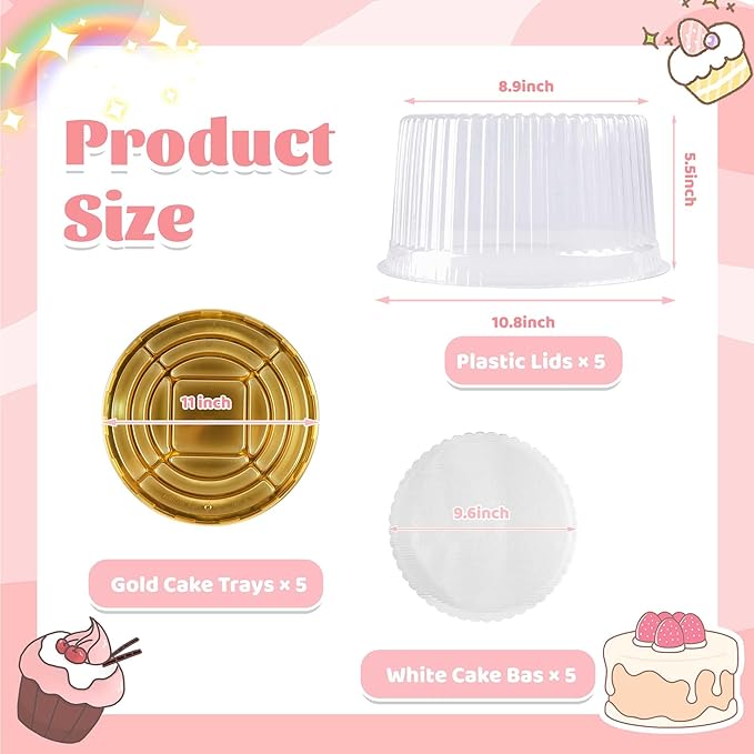 NPLUX 10 Inch Plastic Cake Carriers Gold Cake Containers with Lid and White Cake Boards, Clear Cupcake Holder for 1-2 Layer Cheesecake, Bundt Cake Pie Bakery Supplies(5 Pack)