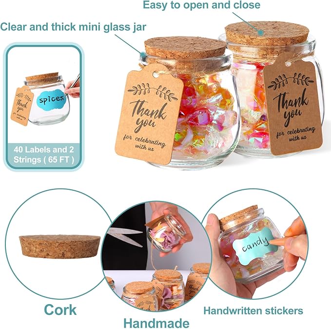 AIXIANG Glass Favor Jars with Cork Lid and Seal Cap,40 Pack 7 oz Small Glass Bottles for Wedding Favor,Baby Shower,Party Favor,Gift Jars, Candy, Spices, with Twine, Labels, Decorative Jars