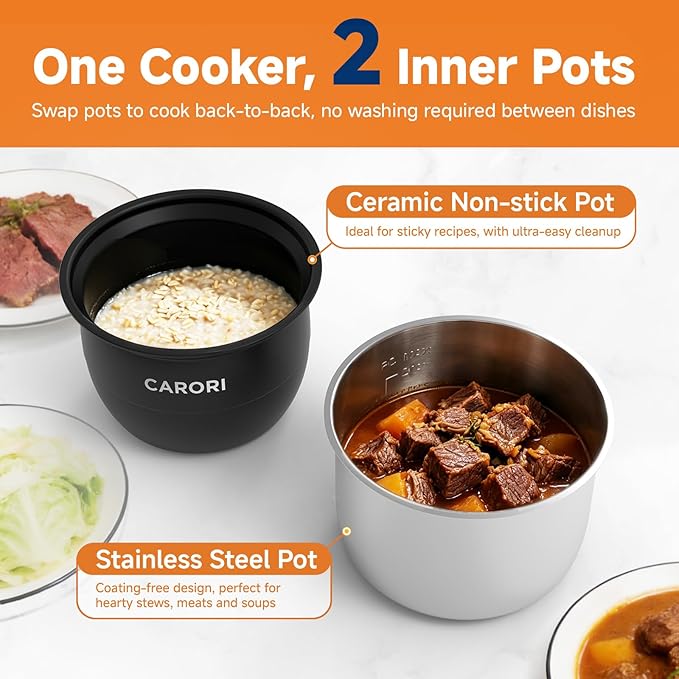 6Qt 9-in-1 Electric Pressure Cooker, Dual Inner Pots, Stainless Steel Pot and Non-Stick Pot, 12 Preset Cooking Programs with IMD Touchscreen, Safe Vent, Slow Cook, Rice Cook, Steam, Black