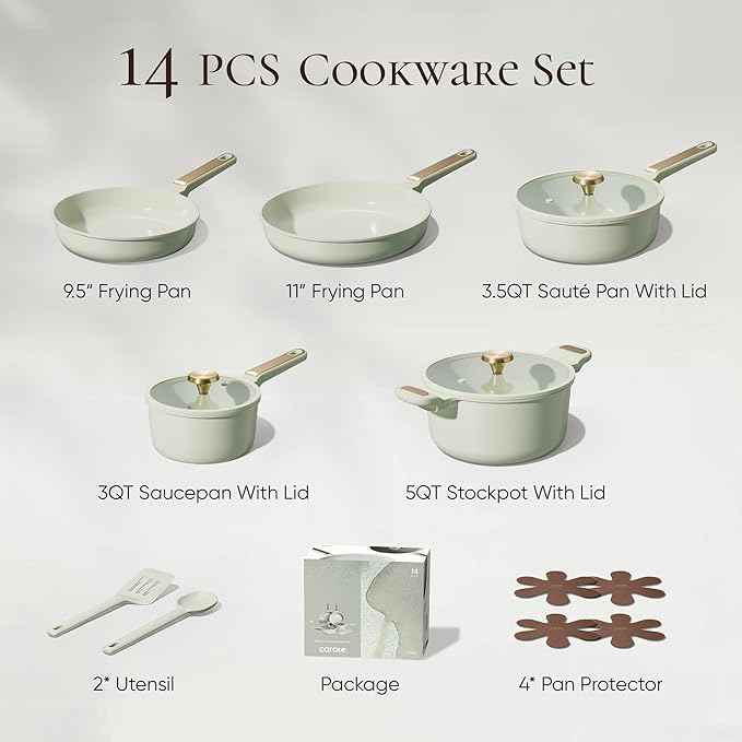 CAROTE Ceramic Cookware Set Nonstick, 14pcs Pots and Pans Set Nonstick, Non-Toxic & PFAS-Free, Dishwasher, RV/Camping Cookware Set, Cooking Pots with Lids, Sage Green