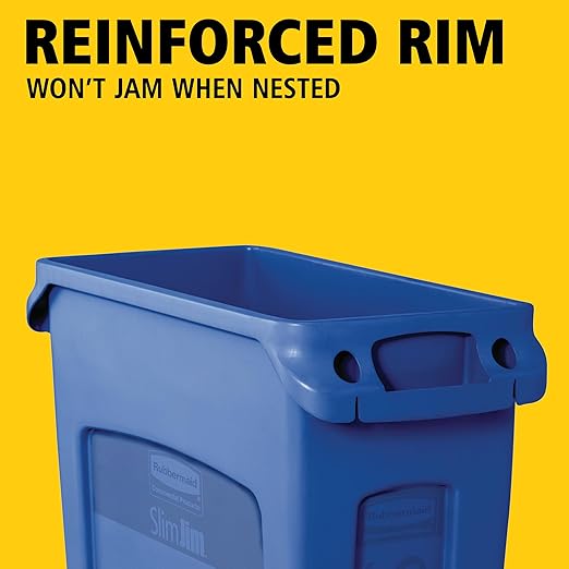 Rubbermaid Commercial Products Slim Jim Plastic Rectangular Recycling Bin/Trash Can with Venting Channels 23 Gal Blue for Kitchens/Classrooms/Offices/Back of House