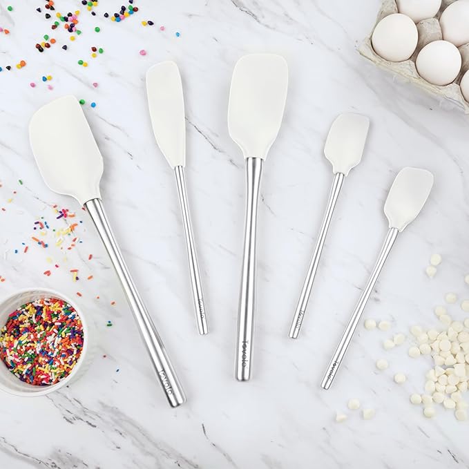 Tovolo Stainless Steel Handled Silicone Spatula Set of 5 White, Dishwasher Safe Kitchen Spatula Set for Cooking Baking, Non Toxic BPA Free Silicone Spatula set with Metal Steel Handle