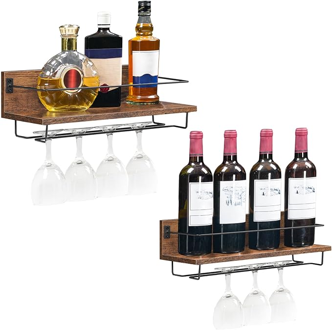 HOOBRO Wall Mounted Wine Rack 2 Pack, Wine Shelf Hanging Floating Wall Shelves, Wine Glass Bottle Rack Stemware Holder, for Living Room, Dining Room, Kitchen, Rustic Brown and Black BF28BJ01