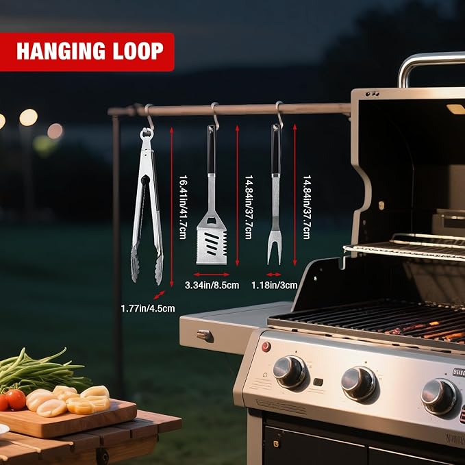 BBQ Grill Tools Set - Premium Stainless Steel Spatula, Tongs & Fork for Outdoor Cooking - Grilling Accessories Kit Gift for Men/Women, Dad, Grilling Lovers