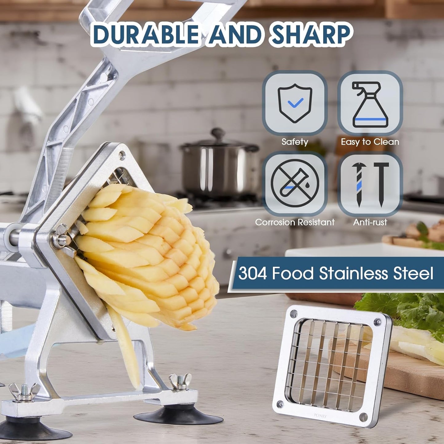 Commercial French Fry Cutter Stainless Steel Potato Cutter with 1/2,1/3,3/8 Inch Blade and 8-wedge balde, Heavy Duty Potato Slicer Manual Potato Chopper Set for Sweet Potato, Carrot, Cucumbers